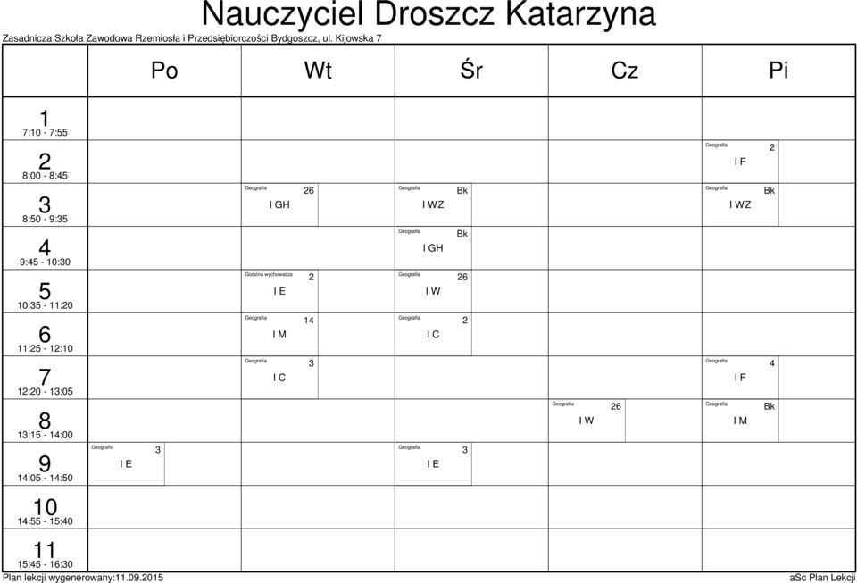 Geografia Bk : - :0 Geografia Bk : - :0 Godzina wychowacza Geografia : - : Geografia Geografia :0