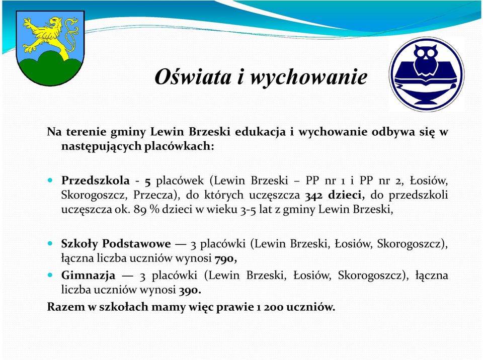 89 % dzieci w wieku 3-5 lat z gminy Lewin Brzeski, Szkoły Podstawowe 3 placówki (Lewin Brzeski, Łosiów, Skorogoszcz), łączna liczba