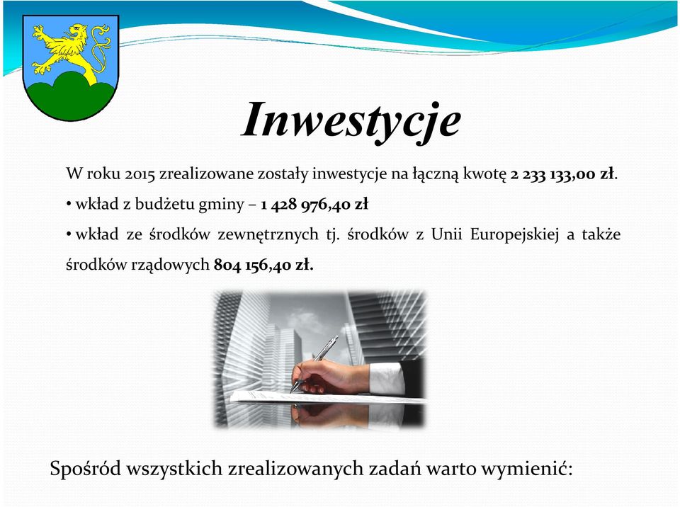 wkład z budżetu gminy 1428976,40zł wkład ze środków zewnętrznych tj.