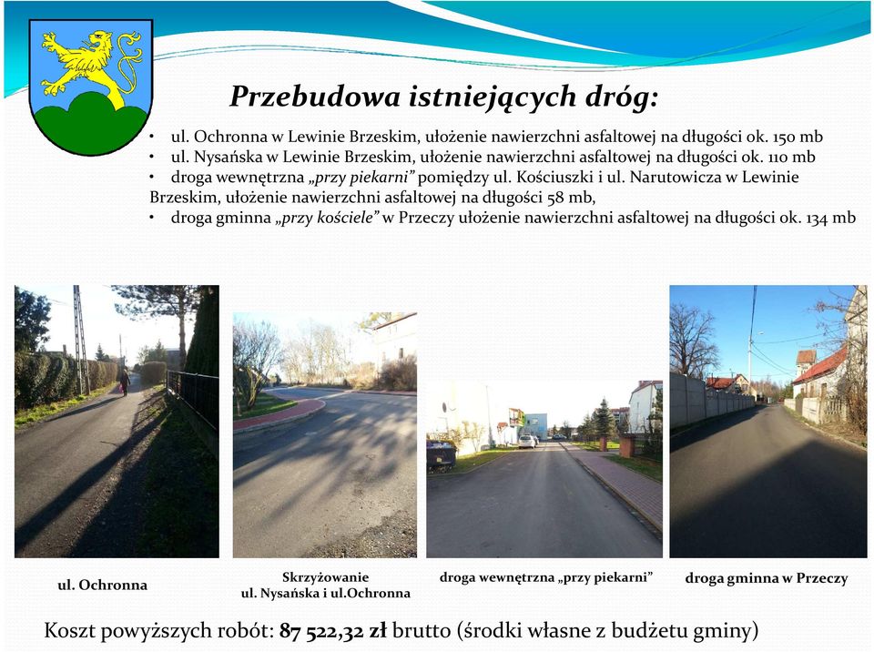 Narutowicza w Lewinie Brzeskim, ułożenie nawierzchni asfaltowej na długości 58 mb, droga gminna przy kościele w Przeczy ułożenie nawierzchni asfaltowej na
