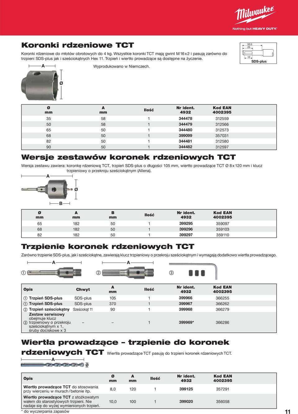 5 25 12 SDS-plus Wersje zestawów koronek rdzeniowych TCT Wersja zestawu zawiera: koronkę rdzeniową TCT, trzpień SDS-plus o długości 105, wiertło prowadzące TCT 8 x 120 i klucz trzpieniowy o przekroju