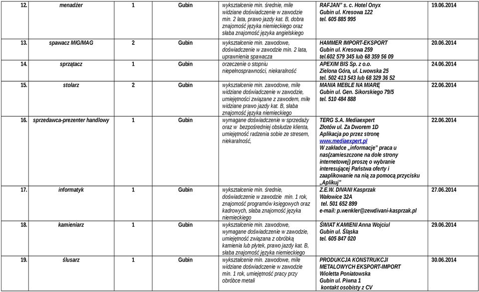stolarz 2 Gubin wykształcenie min. zawodowe, mile widziane doświadczenie w zawodzie, umiejętności związane z zawodem, mile widziane prawo jazdy kat. B, słaba znajomość języka niemieckiego 6.