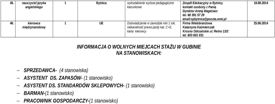 C+E, karta kierowcy Zespół Edukacyjny w Bytnicy kontakt osobisty z Panią Dyrektor Anetą Magdziarz tel. 68 39 57 29 email:spbytnica@poczta.onet.