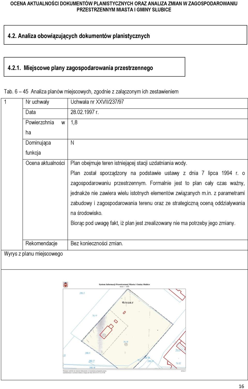 Powierzchnia w 1,8 ha Dominująca N funkcja Ocena aktualności Plan obejmuje teren istniejącej stacji uzdatniania wody. Plan został sporządzony na podstawie ustawy z dnia 7 lipca 1994 r.