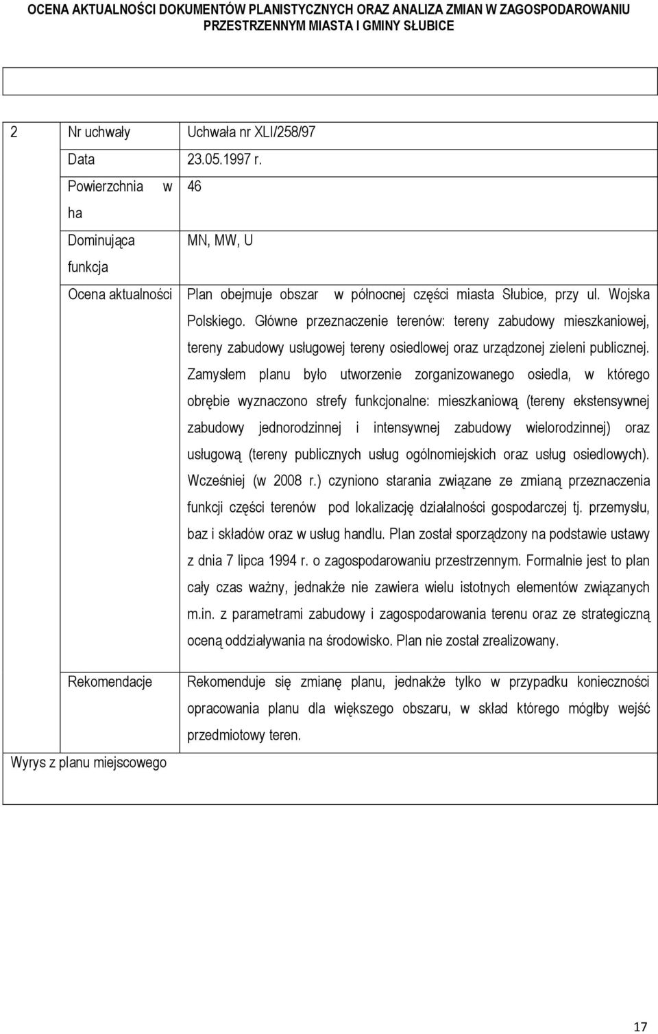 Zamysłem planu było utworzenie zorganizowanego osiedla, w którego obrębie wyznaczono strefy funkcjonalne: mieszkaniową (tereny ekstensywnej zabudowy jednorodzinnej i intensywnej zabudowy