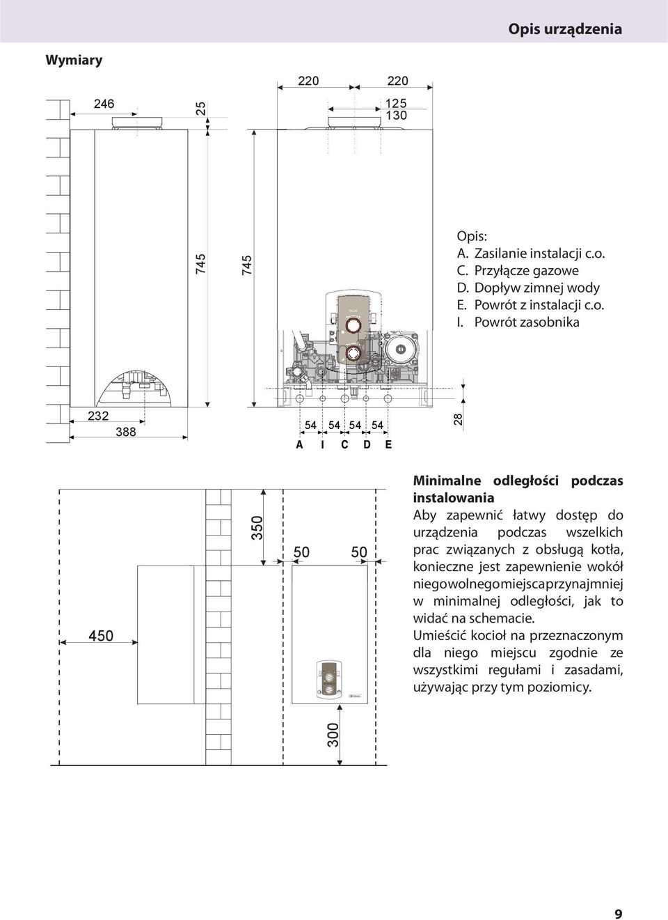 Powrót zasobnika 450 350 50 50 Minimalne odległości podczas instalowania Aby zapewnić łatwy dostęp do urządzenia podczas wszelkich prac związanych z obsługą kotła,