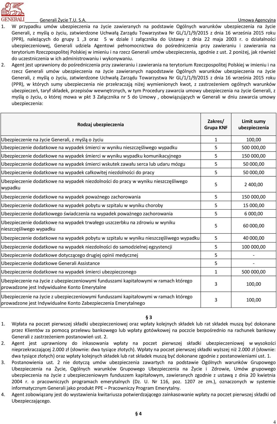 o działalności ubezpieczeniowej, Generali udziela Agentowi pełnomocnictwa do pośredniczenia przy zawieraniu i zawierania na terytorium Rzeczpospolitej Polskiej w imieniu i na rzecz Generali umów