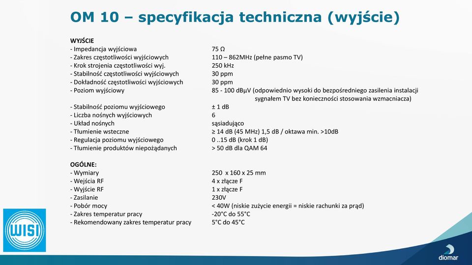 sygnałem TV bez konieczności stosowania wzmacniacza) - Stabilność poziomu wyjściowego ± 1 db - Liczba nośnych wyjściowych 6 - Układ nośnych sąsiadująco - Tłumienie wsteczne 14 db (45 MHz) 1,5 db /