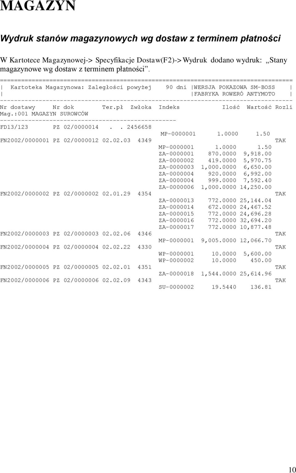----------------------------------------------------------------------------------- Nr dostawy Nr dok Ter.pł Zwłoka Indeks Ilość Wartość Rozli Mag.