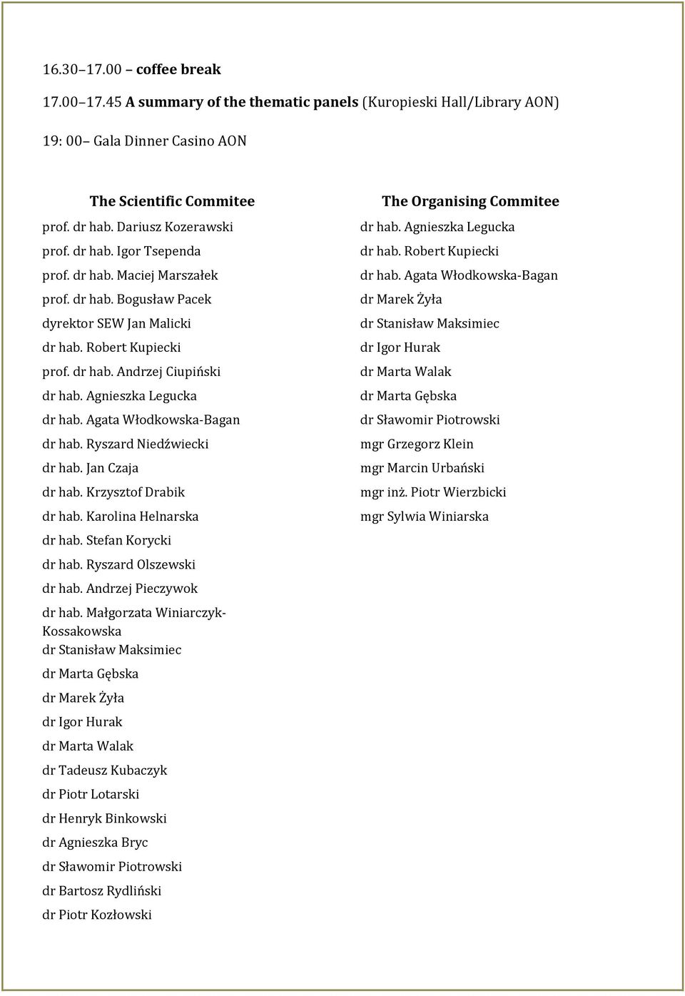 Ryszard Niedźwiecki dr hab. Jan Czaja dr hab. Krzysztof Drabik dr hab. Karolina Helnarska dr hab. Stefan Korycki dr hab. Ryszard Olszewski dr hab. Andrzej Pieczywok dr hab.