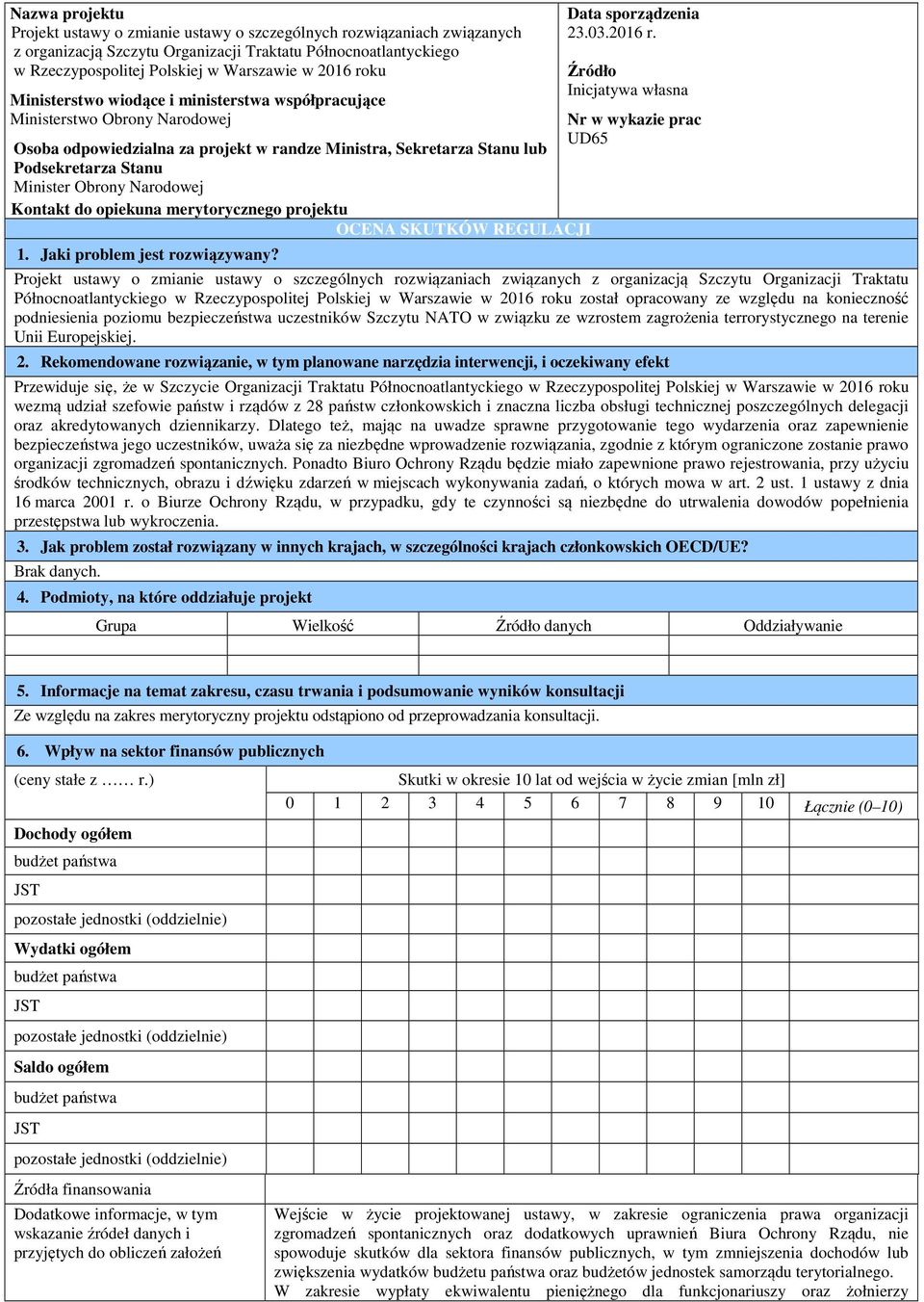 Narodowej Kontakt do opiekuna merytorycznego projektu 1. Jaki problem jest rozwiązywany? OCENA SKUTKÓW REGULACJI Data sporządzenia 23.03.2016 r.