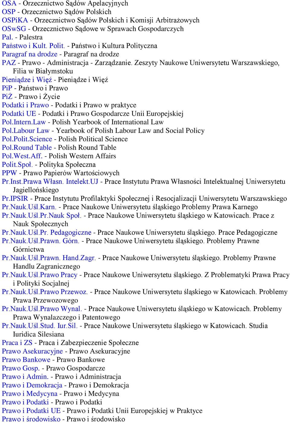 Zeszyty Naukowe Uniwersytetu Warszawskiego, Filia w Białymstoku Pieniądze i Więź - Pieniądze i Więź PiP - Państwo i Prawo PiŻ - Prawo i Życie Podatki i Prawo - Podatki i Prawo w praktyce Podatki UE -