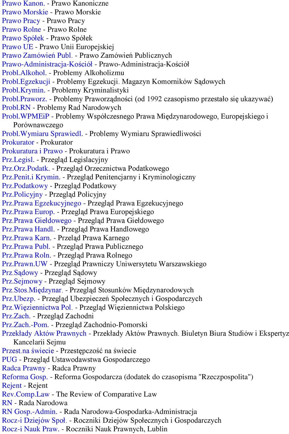 Krymin. - Problemy Kryminalistyki Probl.Praworz. - Problemy Praworządności (od 1992 czasopismo przestało się ukazywać) Probl.RN - Problemy Rad Narodowych Probl.