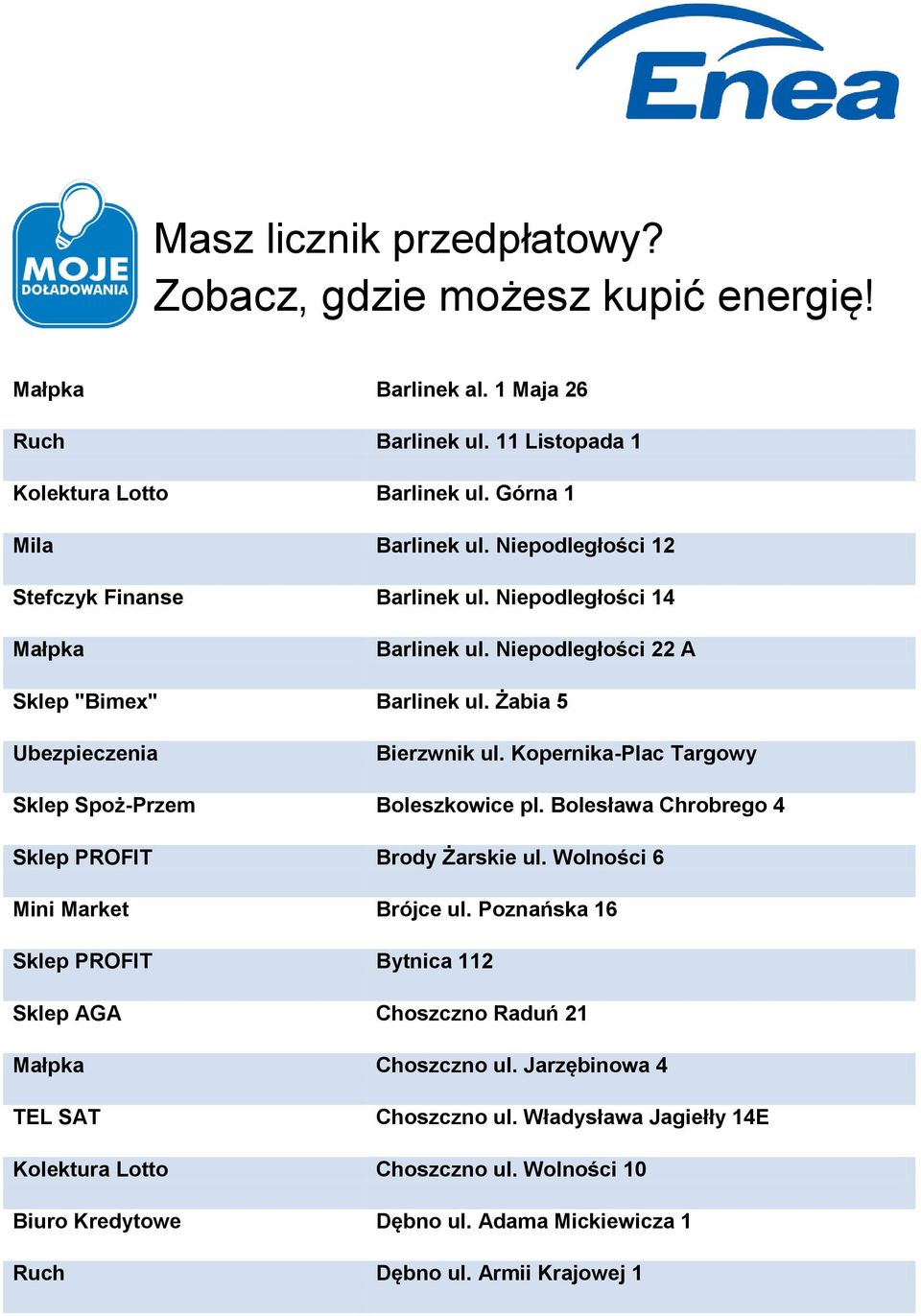 Kopernika-Plac Targowy Sklep Spoż-Przem Boleszkowice pl. Bolesława Chrobrego 4 Sklep PROFIT Brody Żarskie ul. Wolności 6 Mini Market Brójce ul.