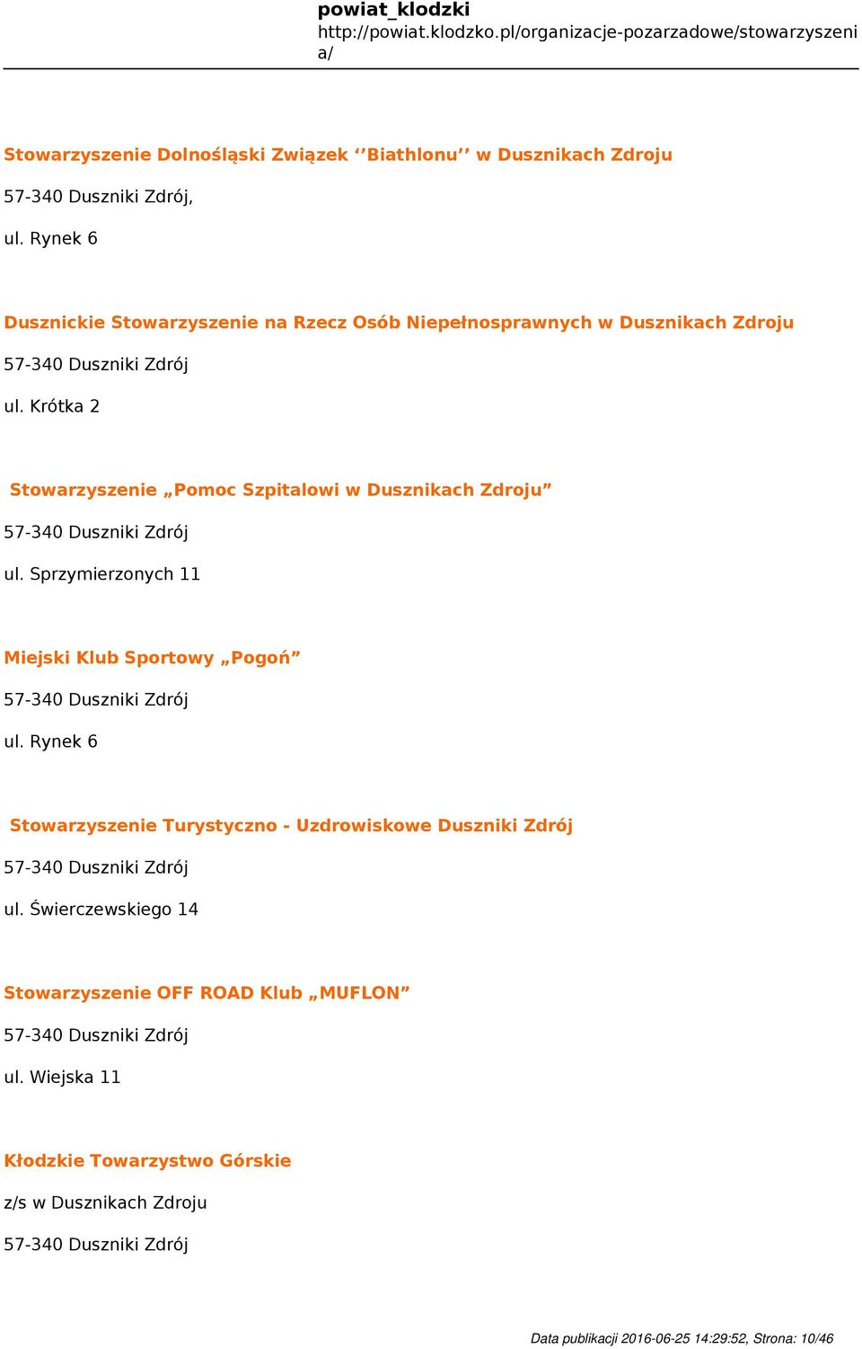 Krótka 2 Stowarzyszenie Pomoc Szpitalowi w Dusznikach Zdroju 57-340 Duszniki Zdrój ul. Sprzymierzonych 11 Miejski Klub Sportowy Pogoń 57-340 Duszniki Zdrój ul.