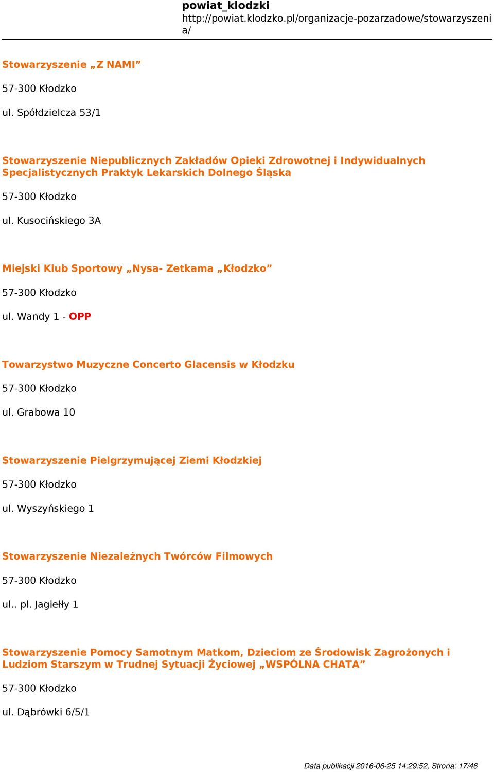 Kusocińskiego 3A Miejski Klub Sportowy Nysa- Zetkama Kłodzko ul. Wandy 1 - OPP Towarzystwo Muzyczne Concerto Glacensis w Kłodzku ul.