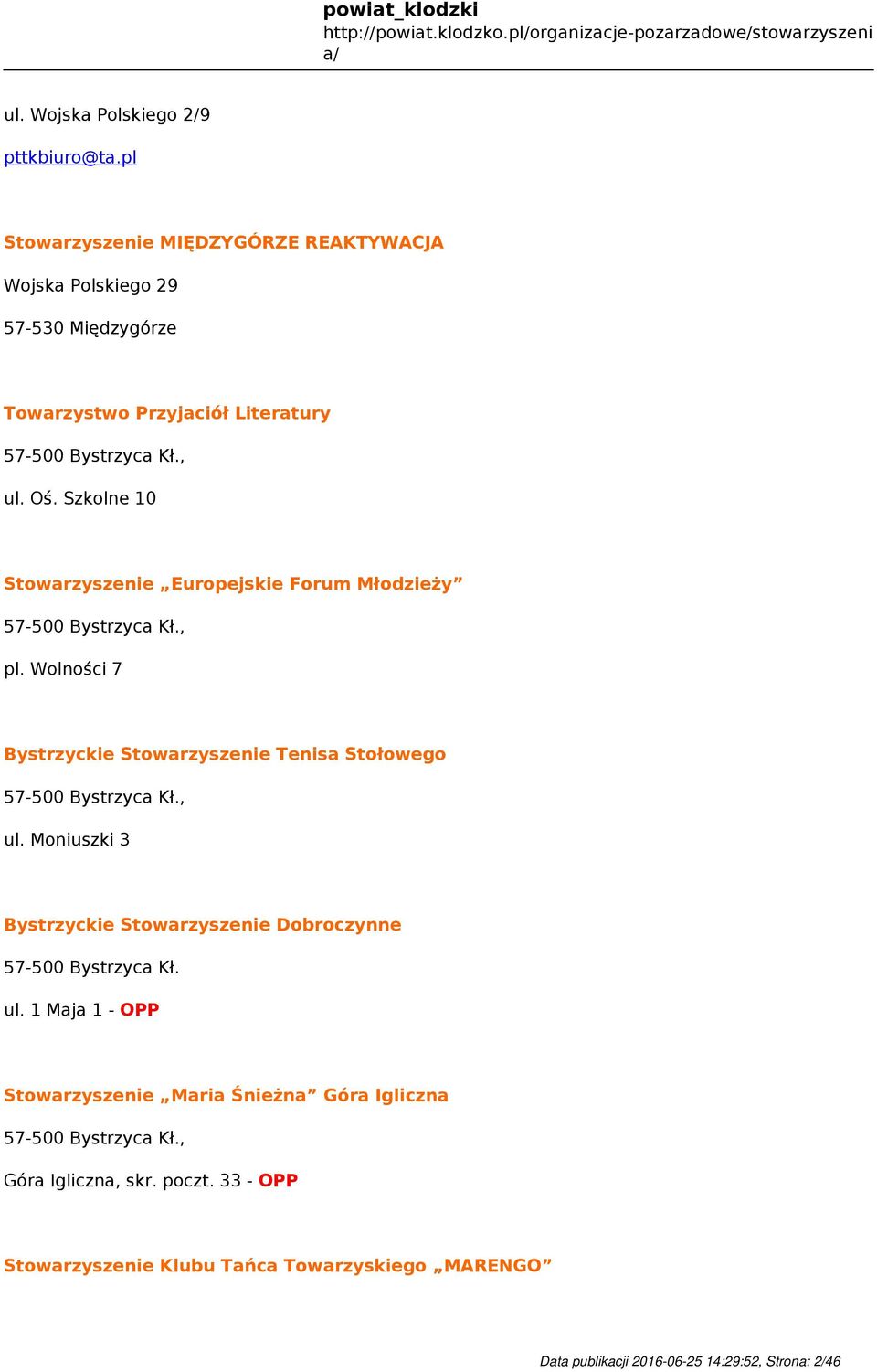 Szkolne 10 Stowarzyszenie Europejskie Forum Młodzieży 57-500 Bystrzyca Kł., pl. Wolności 7 Bystrzyckie Stowarzyszenie Tenisa Stołowego 57-500 Bystrzyca Kł.