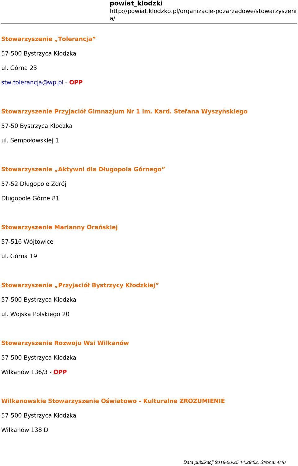 Sempołowskiej 1 Stowarzyszenie Aktywni dla Długopola Górnego 57-52 Długopole Zdrój Długopole Górne 81 Stowarzyszenie Marianny Orańskiej 57-516 Wójtowice ul.