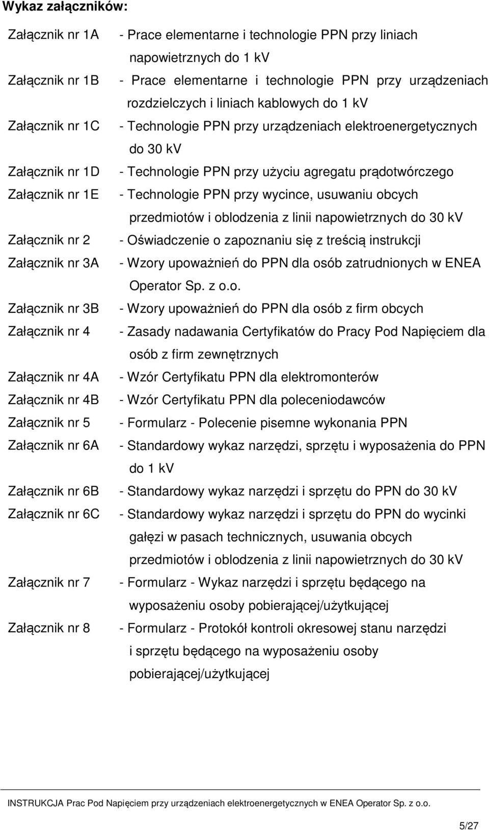 technologie PPN przy urządzeniach rozdzielczych i liniach kablowych do 1 kv - Technologie PPN przy urządzeniach elektroenergetycznych do 30 kv - Technologie PPN przy użyciu agregatu prądotwórczego -