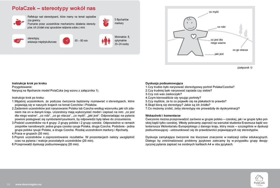 5 flipchartów markery co myśli co robi stereotypy, edukacja międzykulturowa 60 80 min Minimalnie 8, optymalnie 20 24 osoby co jest dla niego ważne jaki jest co go otacza (załącznik 1) Instrukcje krok
