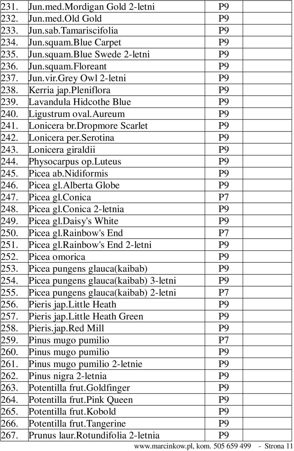 Lonicera giraldii P9 244. Physocarpus op.luteus P9 245. Picea ab.nidiformis P9 246. Picea gl.alberta Globe P9 247. Picea gl.conica P7 248. Picea gl.conica 2-letnia P9 249. Picea gl.daisy's White P9 250.