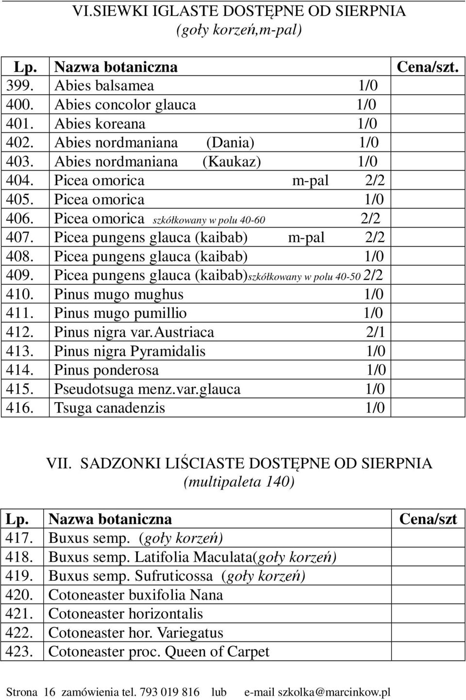 Picea pungens glauca (kaibab) m-pal 2/2 408. Picea pungens glauca (kaibab) 1/0 409. Picea pungens glauca (kaibab)szkółkowany w polu 40-50 2/2 410. Pinus mugo mughus 1/0 411.