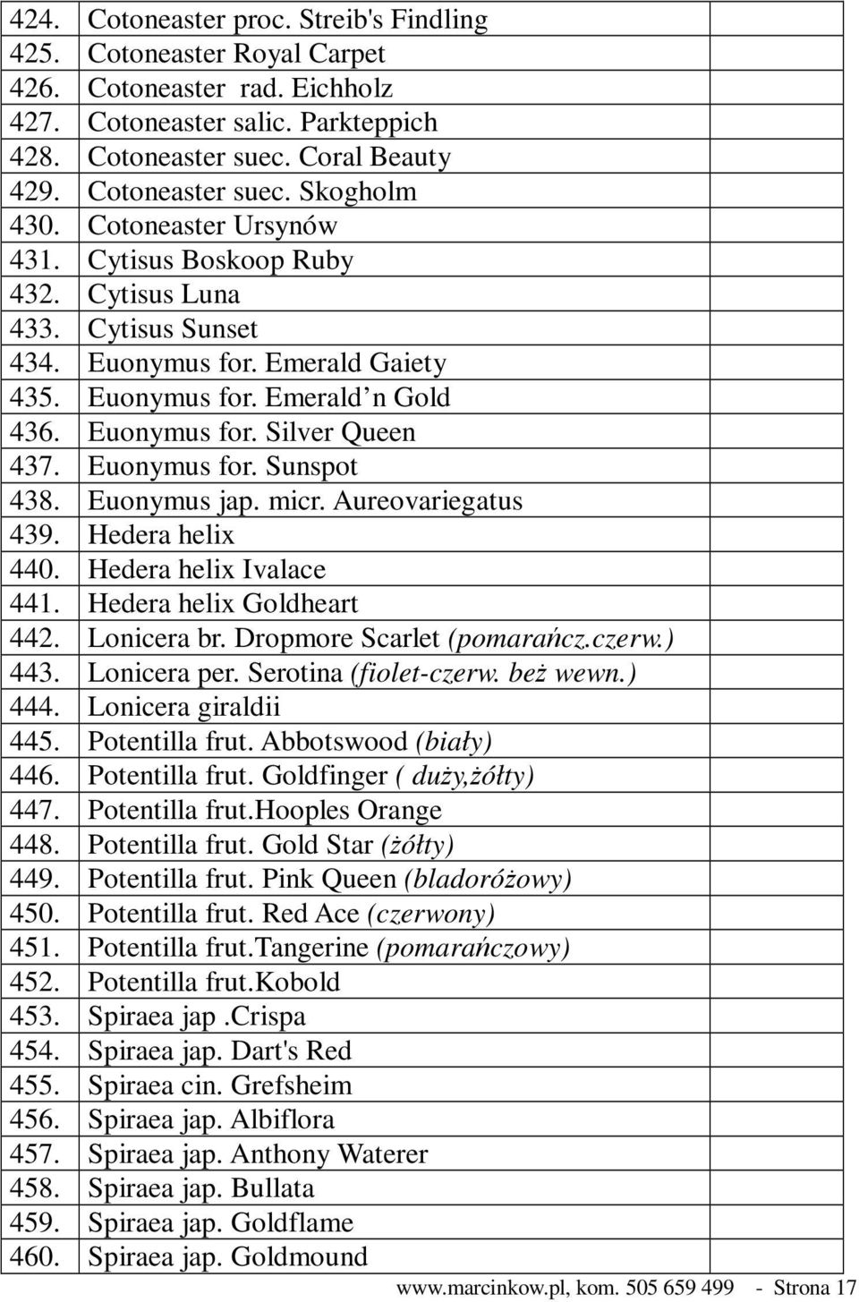 Euonymus for. Sunspot 438. Euonymus jap. micr. Aureovariegatus 439. Hedera helix 440. Hedera helix Ivalace 441. Hedera helix Goldheart 442. Lonicera br. Dropmore Scarlet (pomarańcz.czerw.) 443.