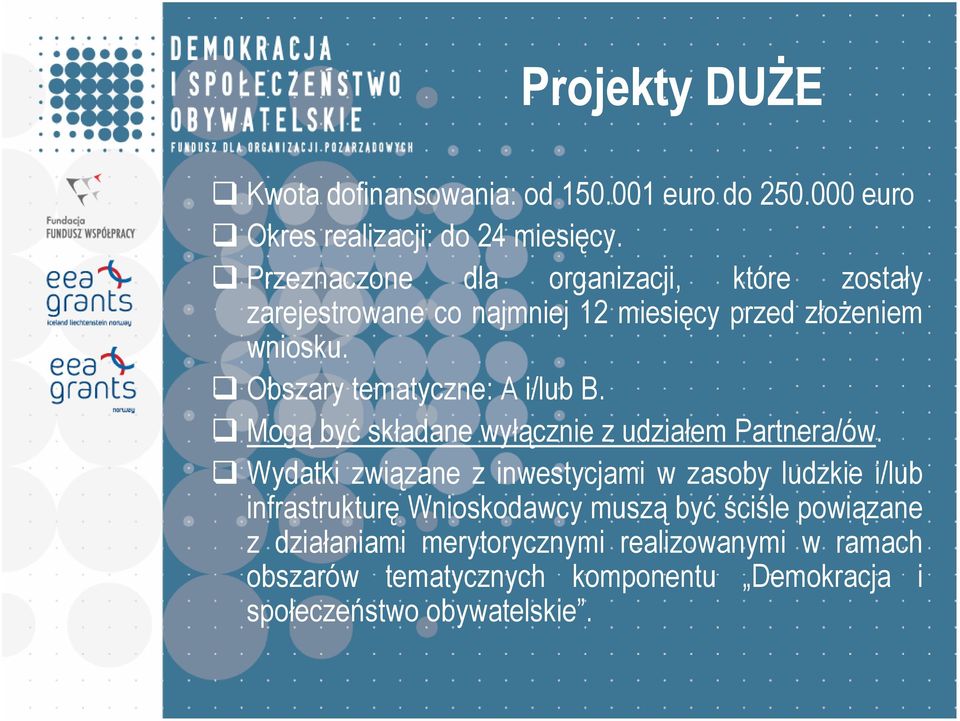 Obszary tematyczne: A i/lub B. Mogą być składane wyłącznie z udziałem Partnera/ów.