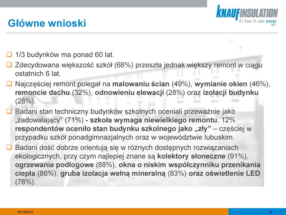 Badani stan techniczny budynków szkolnych oceniali przeważnie jako zadowalający (71%) - szkoła wymaga niewielkiego remontu.