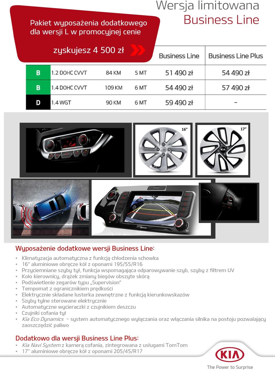 4 WGT 90 KM 6 MT 59 490 zł - 16 17 Wyposażenie dodatkowe wersji Business Line: Klimatyzacja automatyczna z funkcją chłodzenia schowka 16" aluminiowe obręcze kół z oponami 195/55/R16 Przyciemniane