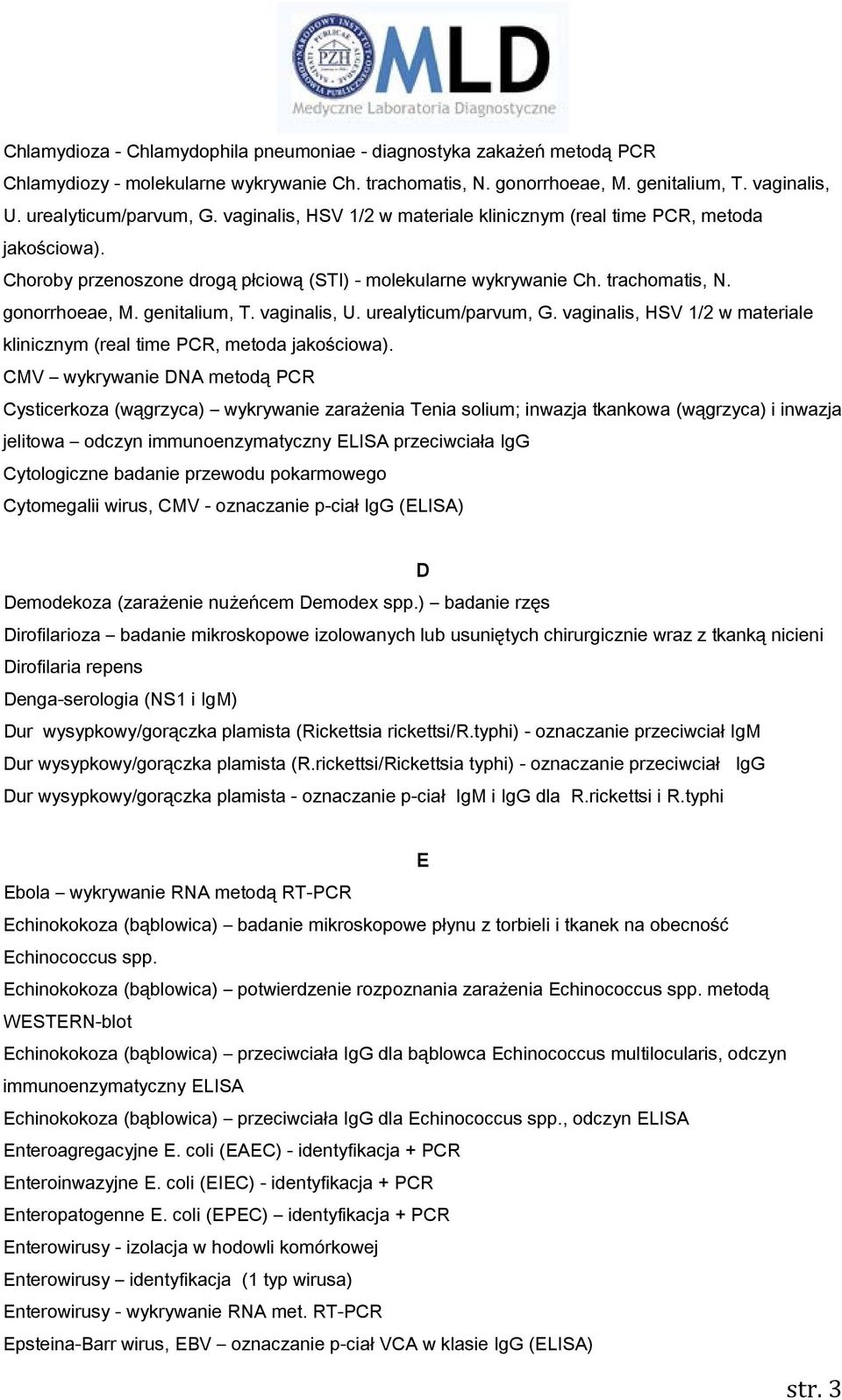 vaginalis, U. urealyticum/parvum, G. vaginalis, HSV 1/2 w materiale klinicznym (real time PCR, metoda jakościowa).