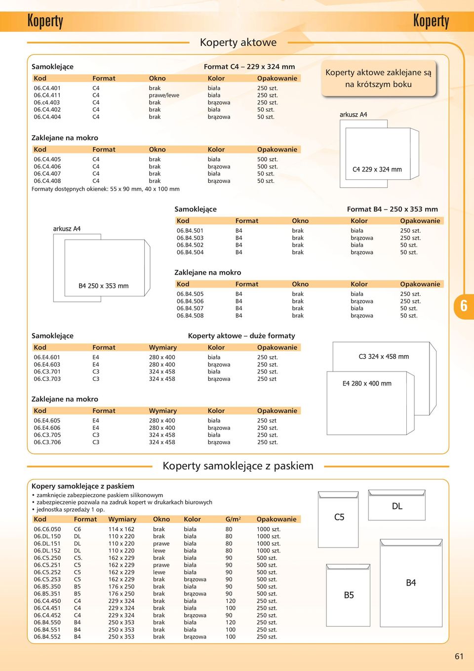 Formaty dostępnych okienek: 55 x 90 mm, 40 x 100 mm Format B4 250 x 353 mm Format Okno Kolor Opakowanie 0.B4.501 B4 brak biała 250 szt. 0.B4.503 B4 brak brązowa 250 szt. 0.B4.502 B4 brak biała 50 szt.