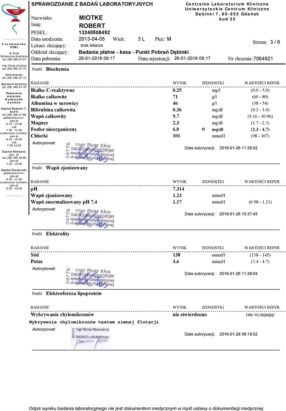 7) mmol/l (98-107) Data autoryzacji: 2016-01-26 11:28:02 ph Wapń zjonizowany Wapń znormalizowany ph 7.4 7.314 1.23 1.17 mmol/l mmol/l (0.98-1.21) Data autoryzacji: 2016-01-26 10:37:45 Elektrolity Sód 138 mmol/l (138-145) Potas 4.