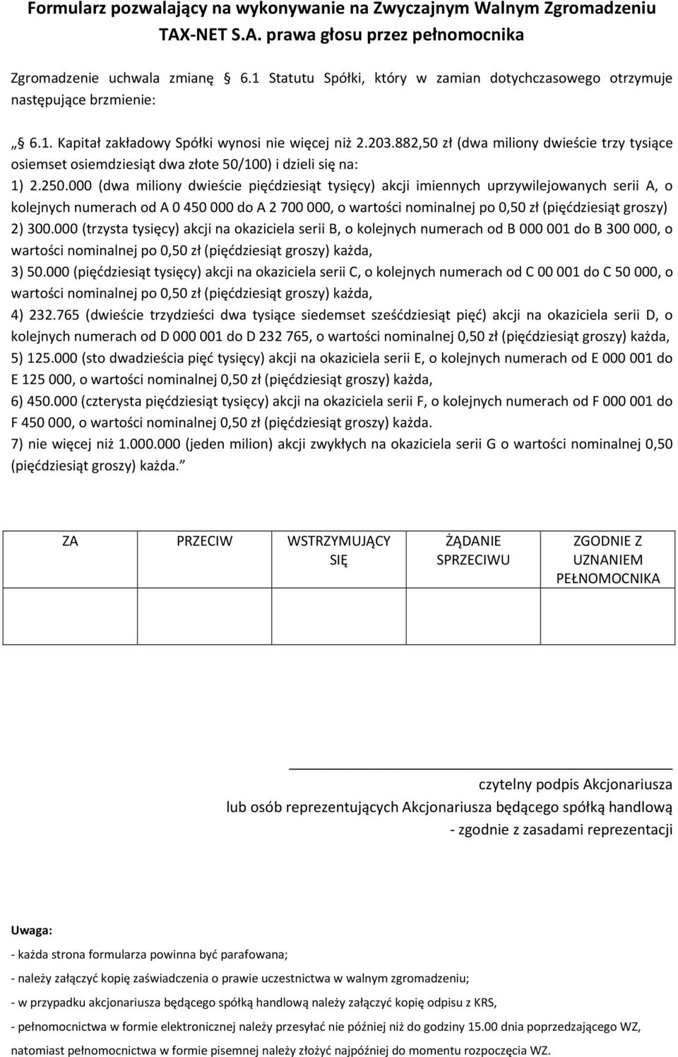 000 (dwa miliony dwieście pięćdziesiąt tysięcy) akcji imiennych uprzywilejowanych serii A, o kolejnych numerach od A 0 450 000 do A 2 700 000, o wartości nominalnej po 0,50 zł (pięćdziesiąt groszy)