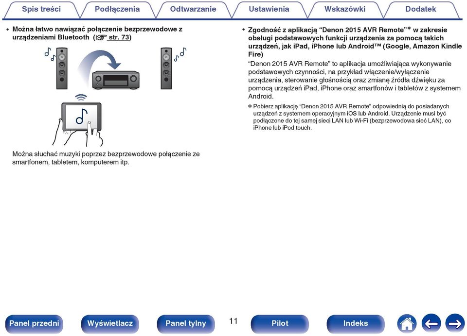 AVR Remote to aplikacja umożliwiająca wykonywanie podstawowych czynności, na przykład włączenie/wyłączenie urządzenia, sterowanie głośnością oraz zmianę źródła dźwięku za pomocą urządzeń ipad, iphone