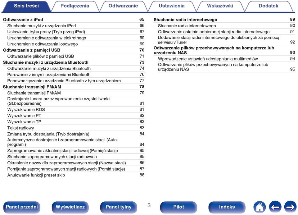 Odtwarzanie muzyki z urządzenia Bluetooth 74 Parowanie z innymi urządzeniami Bluetooth 76 Ponowne łączenie urządzenia Bluetooth z tym urządzeniem 77 Słuchanie transmisji FM/AM 78 Słuchanie transmisji