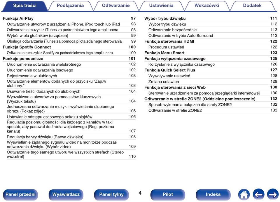 odtwarzania wielokrotnego 102 Uruchomienie odtwarzania losowego 102 Rejestrowanie w ulubionych 103 Odtwarzanie elementów dodanych do przycisku Zap.w ulubiony. 103 Usuwanie treści dodanych do ulubionych 104 Wyszukiwanie utworów za pomocą słów kluczowych (Wyszuk.
