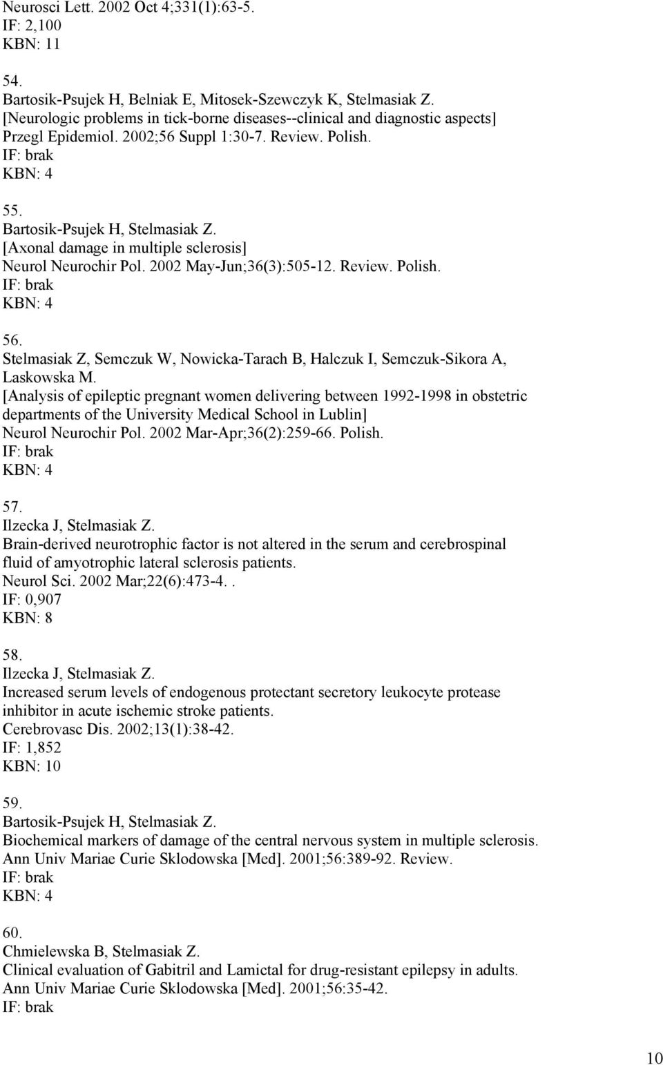 [Axonal damage in multiple sclerosis] Neurol Neurochir Pol. 2002 May-Jun;36(3):505-12. Review. Polish. 56. Stelmasiak Z, Semczuk W, Nowicka-Tarach B, Halczuk I, Semczuk-Sikora A, Laskowska M.
