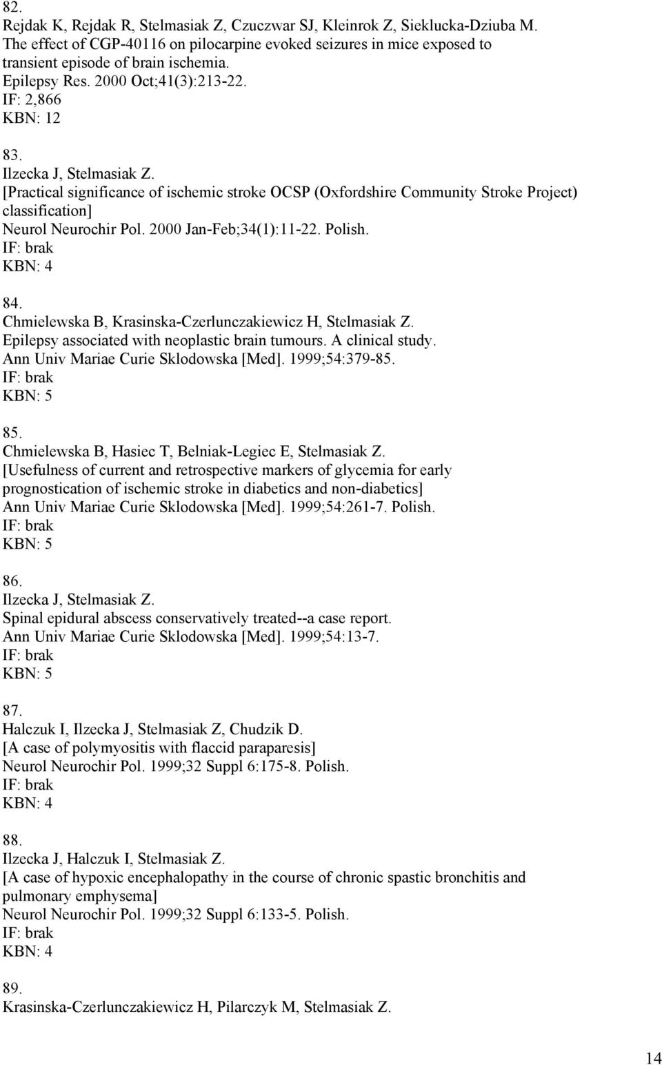 [Practical significance of ischemic stroke OCSP (Oxfordshire Community Stroke Project) classification] Neurol Neurochir Pol. 2000 Jan-Feb;34(1):11-22. Polish. 84.