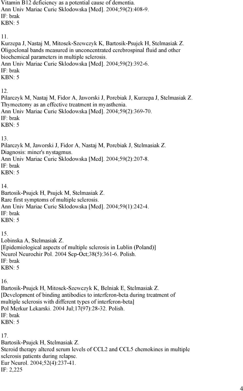 Pilarczyk M, Nastaj M, Fidor A, Jaworski J, Porebiak J, Kurzepa J, Stelmasiak Z. Thymectomy as an effective treatment in myasthenia. Ann Univ Mariae Curie Sklodowska [Med]. 2004;59(2):369-70. 13.