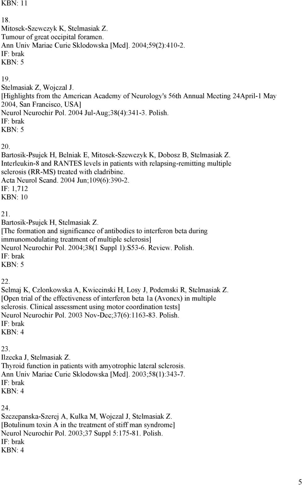 Interleukin-8 and RANTES levels in patients with relapsing-remitting multiple sclerosis (RR-MS) treated with cladribine. Acta Neurol Scand. 2004 Jun;109(6):390-2. IF: 1,712 KBN: 10 21.