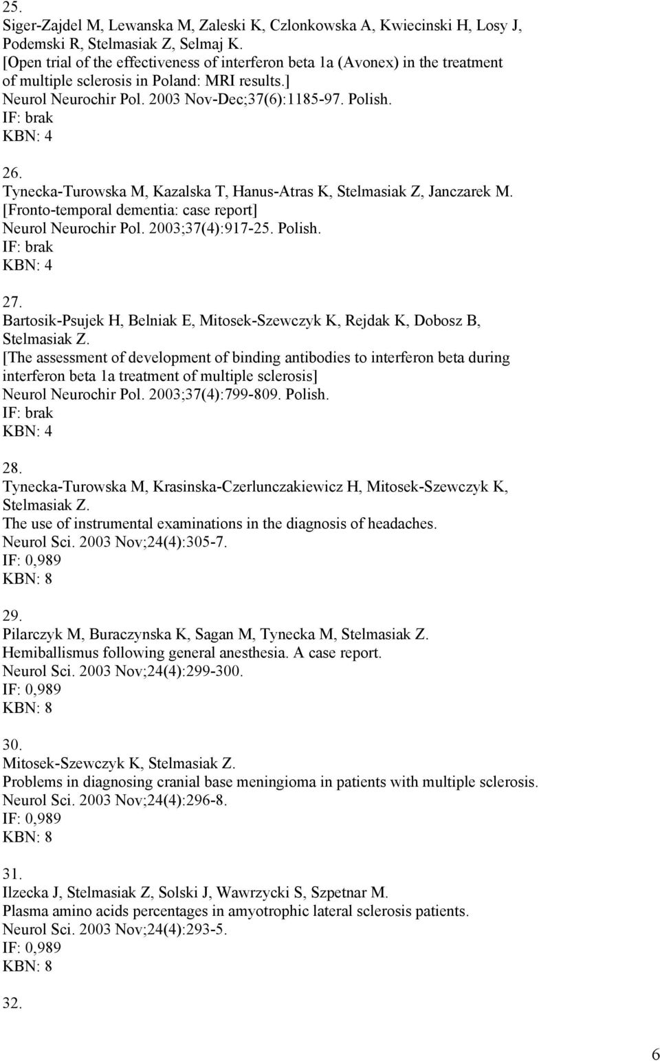 Tynecka-Turowska M, Kazalska T, Hanus-Atras K, Stelmasiak Z, Janczarek M. [Fronto-temporal dementia: case report] Neurol Neurochir Pol. 2003;37(4):917-25. Polish. 27.