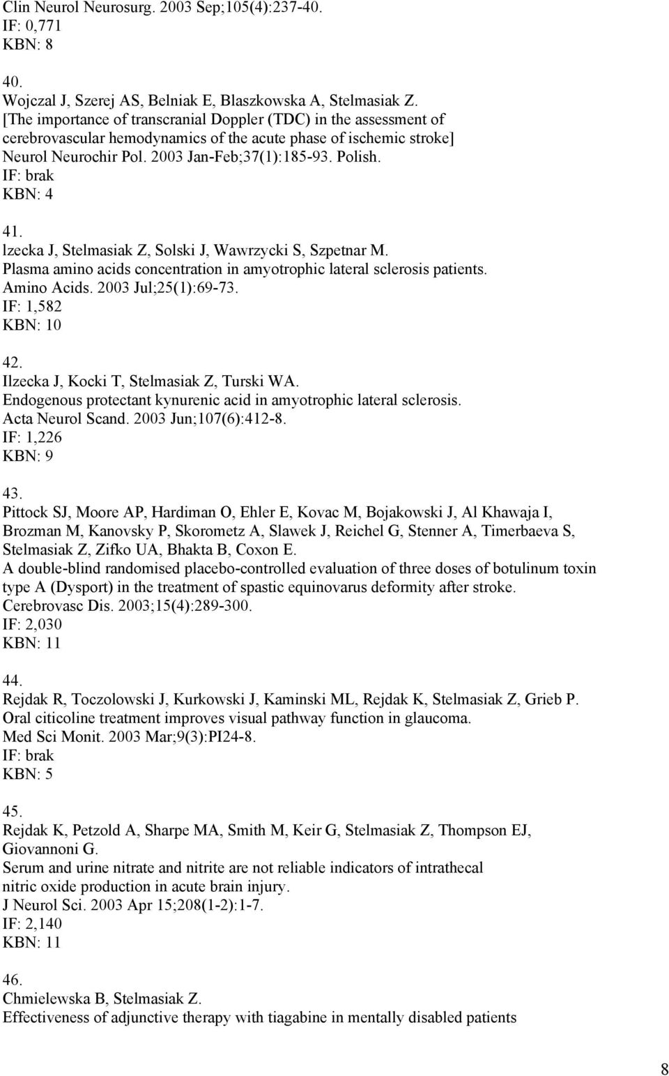 lzecka J, Stelmasiak Z, Solski J, Wawrzycki S, Szpetnar M. Plasma amino acids concentration in amyotrophic lateral sclerosis patients. Amino Acids. 2003 Jul;25(1):69-73. IF: 1,582 KBN: 10 42.