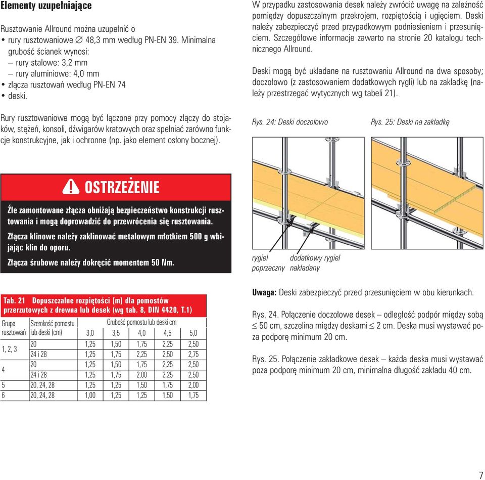 W przypadku zastosowania desek nale y zwróciæ uwagê na zale noœæ pomiêdzy dopuszczalnym przekrojem, rozpiêtoœci¹ i ugiêciem. Deski nale y zabezpieczyæ przed przypadkowym podniesieniem i przesuniêciem.