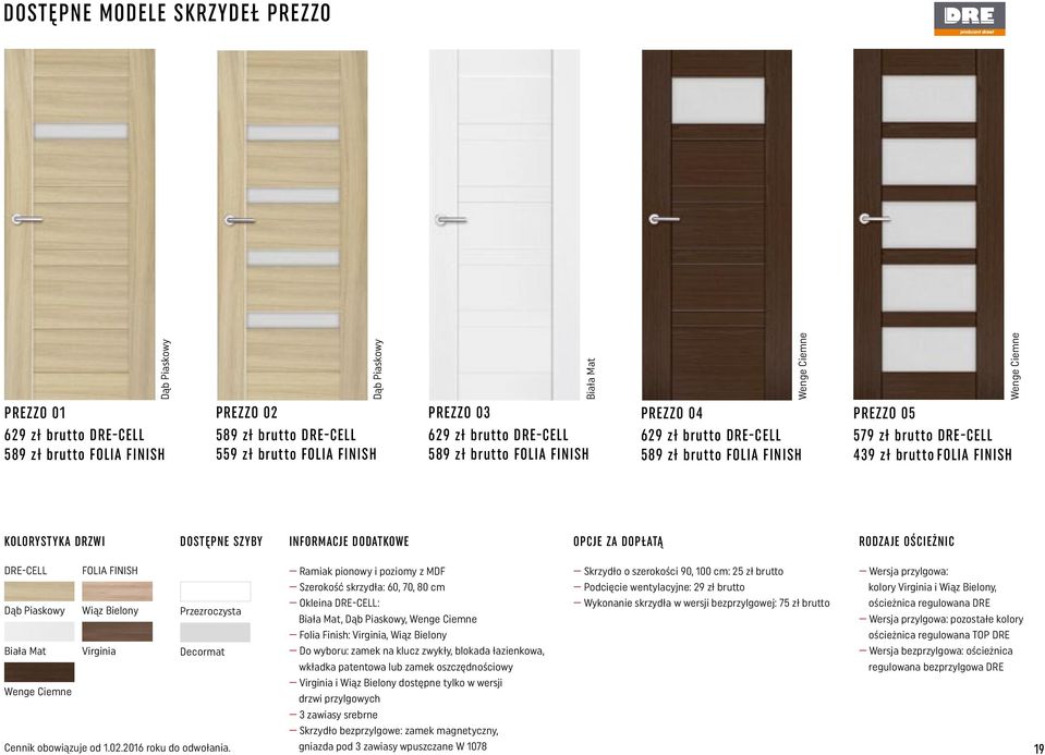 KOLORYSTYKA DRZWI DOSTĘPNE SZYBY INFORMACJE DODATKOWE OPCJE ZA DOPŁATĄ RODZAJE OŚCIEŻNIC DRE-CELL FOLIA FINISH Dąb Piaskowy Wiąz Bielony Przezroczysta Biała Mat Virginia Decormat Wenge Ciemne Cennik