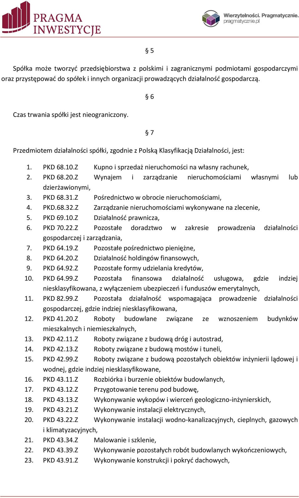 PKD 68.20.Z Wynajem i zarządzanie nieruchomościami własnymi lub dzierżawionymi, 3. PKD 68.31.Z Pośrednictwo w obrocie nieruchomościami, 4. PKD.68.32.