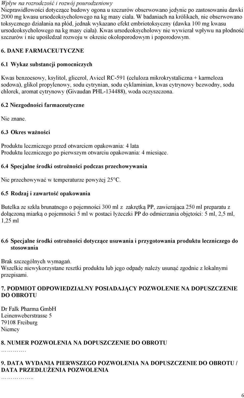 Kwas ursodeoksycholowy nie wywierał wpływu na płodność szczurów i nie upośledzał rozwoju w okresie okołoporodowym i poporodowym. 6. DANE FARMACEUTYCZNE 6.