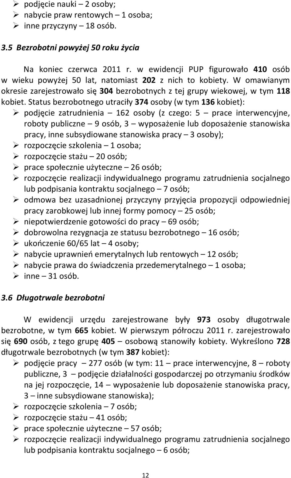 Status bezrobotnego utraciły 374 osoby (w tym 136 kobiet): podjęcie zatrudnienia 162 osoby (z czego: 5 prace interwencyjne, roboty publiczne 9 osób, 3 wyposażenie lub doposażenie stanowiska pracy,