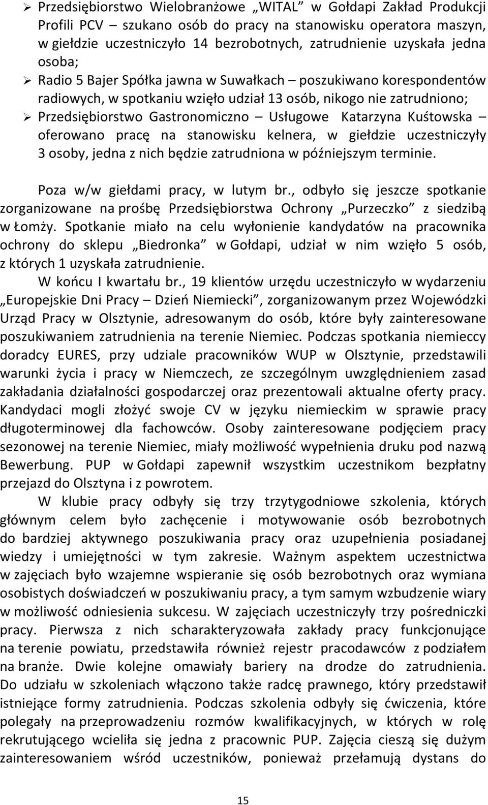 Kuśtowska oferowano pracę na stanowisku kelnera, w giełdzie uczestniczyły 3 osoby, jedna z nich będzie zatrudniona w późniejszym terminie. Poza w/w giełdami pracy, w lutym br.