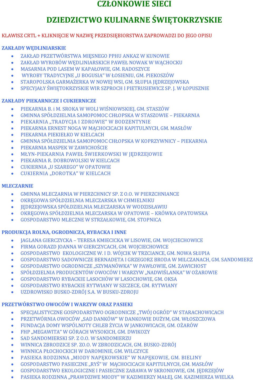 SŁUPIA JĘDRZEJOWSKA SPECYJAŁY ŚWIĘTOKRZYSKIE WIR SZPROCH I PIETRUSIEWICZ SP. J. W ŁOPUSZNIE ZAKŁADY PIEKARNICZE I CUKIERNICZE PIEKARNIA B. i M. SROKA W WOLI WIŚNIOWSKIEJ, GM.